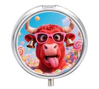 Pill Box 3 Compartment Red Cow Head Funny Travel Pill Case with Mirror Waterproof Medicine Pills Organizer 3 Times A Day Portable Med Container for Purse & Pocket Round Silver