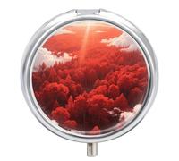 Pill Box 3 Compartment Red Sun Forest Travel Pill Case with Mirror Waterproof Medicine Pills Organizer 3 Times A Day Portable Med Container for Purse & Pocket Round Silver
