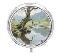 Pill Box 3 Compartment Rustic Tree Nature Travel Pill Case with Mirror Waterproof Medicine Pills Organizer 3 Times A Day Portable Med Container for Purse & Pocket Round Silver