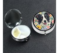 Pill Box 3 Compartment Small Metal Pills Organizer for Purse Pocket Border Collie Florals Pill Case Waterproof Medicine Container Portable Travel Pills Holder to Hold Supplements Vitamins Fish Oil