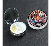 Pill Box 3 Compartment Small Metal Pills Organizer for Purse Pocket Color Paint Tiger face Pill Case Waterproof Medicine Container Portable Travel Pills Holder to Hold Supplements Vitamins Fish Oil
