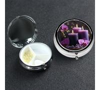 Pill Box 3 Compartment Small Metal Pills Organizer for Purse Pocket Purple Flowers and Candles Pill Case Waterproof Medicine Container Portable Travel Pills Holder to Hold Vitamins Fish Oil