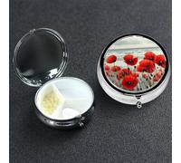 Pill Box 3 Compartment Small Metal Pills Organizer for Purse Pocket Red Poppy Flower Pill Case Waterproof Medicine Container Portable Travel Pills Holder to Hold Vitamins Fish Oil
