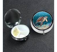 Pill Box 3 Compartment Small Metal Pills Organizer for Purse Pocket Sea Turtle Swimming Pill Case Waterproof Medicine Container Portable Travel Pills Holder to Hold Supplements Vitamins Fish Oil