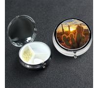Pill Box 3 Compartment Small Metal Pills Organizer for Purse Pocket Sunset Cactus in Desert Pill Case Waterproof Medicine Container Portable Travel Pills Holder to Hold Supplements Vitamins Fish Oil