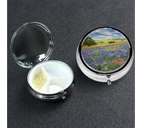 Pill Box 3 Compartment Small Metal Pills Organizer for Purse Pocket Texas Bluebonnets Scenery Pill Case Waterproof Medicine Container Portable Travel Pills Holder to Hold Vitamins Fish Oil