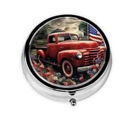 Pill Box 3 Compartment Small Pill Case for Purse & Pocket 4th of July Patriotic Old Red Truck Round Pill Box Cute Vitamins Fish Oil Supplements Storage Box Portable Pill Containe Travel Gift