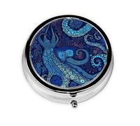 Pill Box 3 Compartment Small Pill Case for Purse & Pocket Blue Octopus Round Pill Box Cute Vitamins Fish Oil Supplements Storage Box Portable Pill Containe Travel Gift
