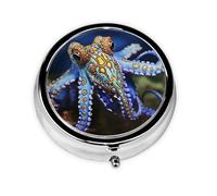 Pill Box 3 Compartment Small Pill Case for Purse & Pocket Blue Ringed Octopus Round Pill Box Cute Vitamins Fish Oil Supplements Storage Box Portable Pill Containe Travel Gift