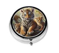 Pill Box 3 Compartment Small Pill Case for Purse & Pocket Jungle Tigers Cub Round Pill Box Cute Vitamins Fish Oil Supplements Storage Box Portable Pill Containe Travel Gift