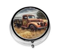Pill Box 3 Compartment Small Pill Case for Purse & Pocket Old Truck Car Round Pill Box Cute Vitamins Fish Oil Supplements Storage Box Portable Pill Containe Travel Gift