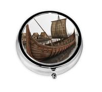 Pill Box 3 Compartment Small Pill Case for Purse & Pocket Old Viking Boat Round Pill Box Cute Vitamins Fish Oil Supplements Storage Box Portable Pill Containe Travel Gift