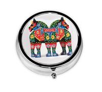 Pill Box 3 Compartment Small Pill Case for Purse & Pocket Runner Swedish Dala Horse Folk Round Pill Box Cute Vitamins Fish Oil Supplements Storage Box Portable Pill Containe Travel Gift
