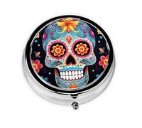 Pill Box 3 Compartment Small Pill Case for Purse & Pocket Sugar Skulls Round Pill Box Cute Vitamins Fish Oil Supplements Storage Box Portable Pill Containe Travel Gift
