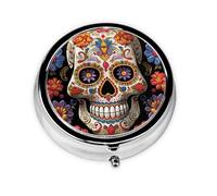 Pill Box 3 Compartment Small Pill Case for Purse & Pocket Sugar Skulls Round Pill Box Cute Vitamins Fish Oil Supplements Storage Box Portable Pill Containe Travel Gift