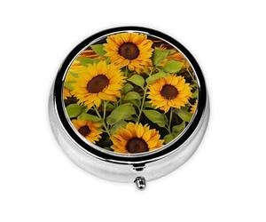 Pill Box 3 Compartment Small Pill Case for Purse & Pocket Sun Flower Round Pill Box Cute Vitamins Fish Oil Supplements Storage Box Portable Pill Containe Travel Gift