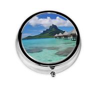 Pill Box 3 Compartment Small Pill Case for Purse & Pocket Tahiti Beach Round Pill Box Cute Vitamins Fish Oil Supplements Storage Box Portable Pill Containe Travel Gift