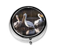Pill Box 3 Compartment Small Pill Case for Purse & Pocket Three Pelicans Round Pill Box Cute Vitamins Fish Oil Supplements Storage Box Portable Pill Containe Travel Gift