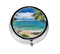 Pill Box 3 Compartment Small Pill Case for Purse & Pocket Tropical Palm Tree Hawaii Beach Round Pill Box Cute Vitamins Fish Oil Supplements Storage Box Portable Pill Containe Travel Gift