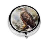 Pill Box 3 Compartment Small Pill Case for Purse & Pocket Watercolor of Hawk Sitting in The Tree Round Pill Box Cute Vitamins Fish Oil Supplements Storage Box Portable Pill Containe Travel Gift