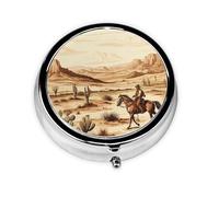 Pill Box 3 Compartment Small Pill Case for Purse & Pocket West Desert Cactus with Cowboys Riding Horses Round Pill Box Cute Vitamins Fish Oil Supplements Storage Box Portable Pill Containe Travel Gift