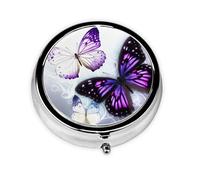 Pill Box 3 Compartment Small Pill Case for Purse & Pocket White Purple Butterflies Round Pill Box Cute Vitamins Fish Oil Supplements Storage Box Portable Pill Containe Travel Gift