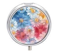 Pill Box 3 Compartment Small Pill Case, Portable for Pocket Or Purse Metal Pill Organizer Pastel Blue Red Orange Travel Pill Container Holder with Mirror - Daisies Girly Peach