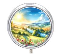 Pill Box 3 Compartment Small Pill Case, Portable for Pocket Or Purse Metal Pill Organizer Summer Nature Landscape Travel Pill Container Holder with Mirror - Sunrise Mountain River & Flower