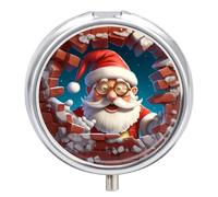 Pill Box 3 Compartment Small Pill Case, Portable for Pocket Or Purse Metal Pill Organizer Travel Pill Container Holder with Mirror - Santa Claus Breaking Through Wall Funny 3D Painting