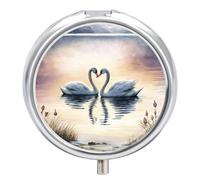 Pill Box 3 Compartment Small Pill Case, Portable for Pocket Or Purse Metal Pill Organizer Travel Pill Container Holder with Mirror - Sunset Couple Swans Lake with Lotus Landscape