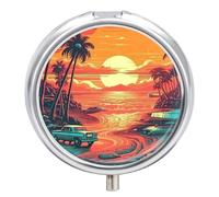 Pill Box 3 Compartment Small Pill Case, Portable for Pocket Or Purse Metal Pill Organizer Travel Pill Container Holder with Mirror - Vintage Sunset W/Tropical Trees