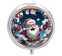 Pill Box 3 Compartment Small Pill Case, Portable for Pocket Or Purse Metal Pill Organizer Travel Pill Container Holder with Mirror - Funny Santa Claus Broke Wall