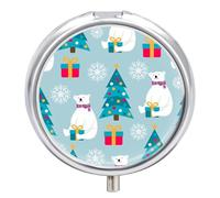 Pill Box 3 Compartment Small Pill Case, Portable for Pocket Or Purse Metal Pill Organizer Travel Pill Container Holder with Mirror - Cute Polar Bears & Xmas Tree