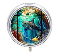 Pill Box 3 Compartment Small Pill Case, Portable for Pocket Or Purse Metal Pill Organizer Travel Pill Container Holder with Mirror - Stained Glass Design Ocean Fish & Dolphin