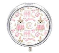Pill Box 3 Compartment Small Pill Case, Portable for Pocket Or Purse Metal Pill Organizer Travel Pill Container Holder with Mirror - Cute Bears Pink White