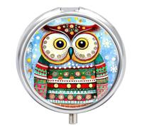 Pill Box 3 Compartment Small Pill Case, Portable for Pocket Or Purse Metal Pill Organizer Travel Pill Container Holder with Mirror - Ethnic Owl in The Snow Red & Green