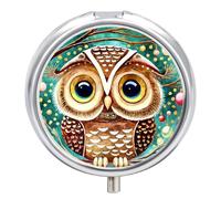 Pill Box 3 Compartment Small Pill Case, Portable for Pocket Or Purse Metal Pill Organizer Travel Pill Container Holder with Mirror - Christmas Owl Green Background