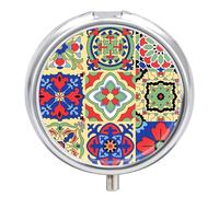 Pill Box 3 Compartment Small Pill Case, Portable for Pocket Or Purse Metal Pill Organizer Travel Pill Container Holder with Mirror - Mexican Tiles Flower Print Moroccan Floral Design