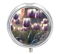 Pill Box 3 Compartment Small Pill Case, Portable for Pocket Or Purse Metal Pill Organizer Travel Pill Container Holder with Mirror - Purple White Tulips & Wildflower Field