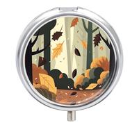 Pill Box 3 Compartment Small Pill Case, Portable for Pocket Or Purse Metal Pill Organizer Travel Pill Container Holder with Mirror - Fall Season Forest Falling Leaf