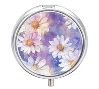 Pill Box 3 Compartment Small Pill Case, Portable for Pocket Or Purse Metal Pill Organizer Watercolor Summer Floral Travel Pill Container Holder with Mirror - Daisy on Purple Background