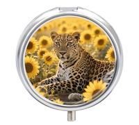 Pill Box 3 Compartment Sunflower Leopard Travel Pill Case with Mirror Waterproof Medicine Pills Organizer 3 Times A Day Portable Med Container for Purse & Pocket Round Silver