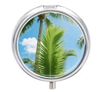 Pill Box 3 Compartment Tropical Palm Leaves Travel Pill Case with Mirror Waterproof Medicine Pills Organizer 3 Times A Day Portable Med Container for Purse & Pocket Round Silver