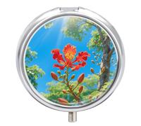 Pill Box 3 Compartment Tropical Plant Flowers Travel Pill Case with Mirror Waterproof Medicine Pills Organizer 3 Times A Day Portable Med Container for Purse & Pocket Round Silver