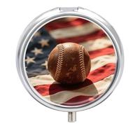 Pill Box 3 Compartment Vintage Baseball On American Flag Travel Pill Case with Mirror Waterproof Medicine Pills Organizer 3 Times A Day Portable Med Container for Purse & Pocket Round Silver