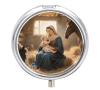 Pill Box 3 Compartment Virgin Mother Mary Travel Pill Case with Mirror Waterproof Medicine Pills Organizer 3 Times A Day Portable Med Container for Purse & Pocket Round Silver