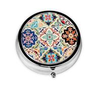 Pill Box 3 Compartment with Mirror Art Mexican Ceramic Tile Boho Damask Tablet Box Small Pill Organiser for Purse & Pocket Vitamin Organiser