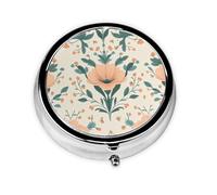 Pill Box 3 Compartment with Mirror Beige Hibiscus Flower Pattern Tablet Box Small Pill Organiser for Purse & Pocket Vitamin Organiser