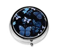 Pill Box 3 Compartment with Mirror Blue Butterfly Tablet Box Small Pill Organiser for Purse & Pocket Vitamin Organiser