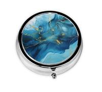 Pill Box 3 Compartment with Mirror Blue Marble Gilded Tablet Box Small Pill Organiser for Purse & Pocket Vitamin Organiser